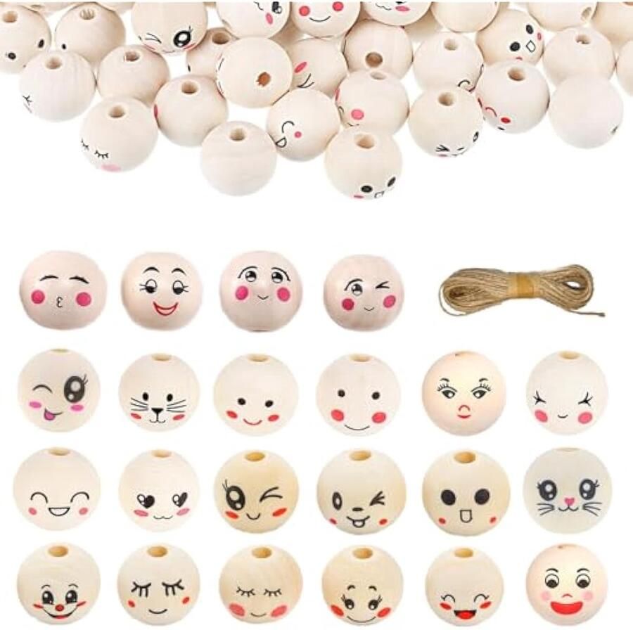 110 stuks houten kralen met gezicht houten kralen met gat 20 mm voor doe-het-zelf handwerk macramé en sieraden maken 22 stijlen decoratieve ballen en 10 m henneptouw