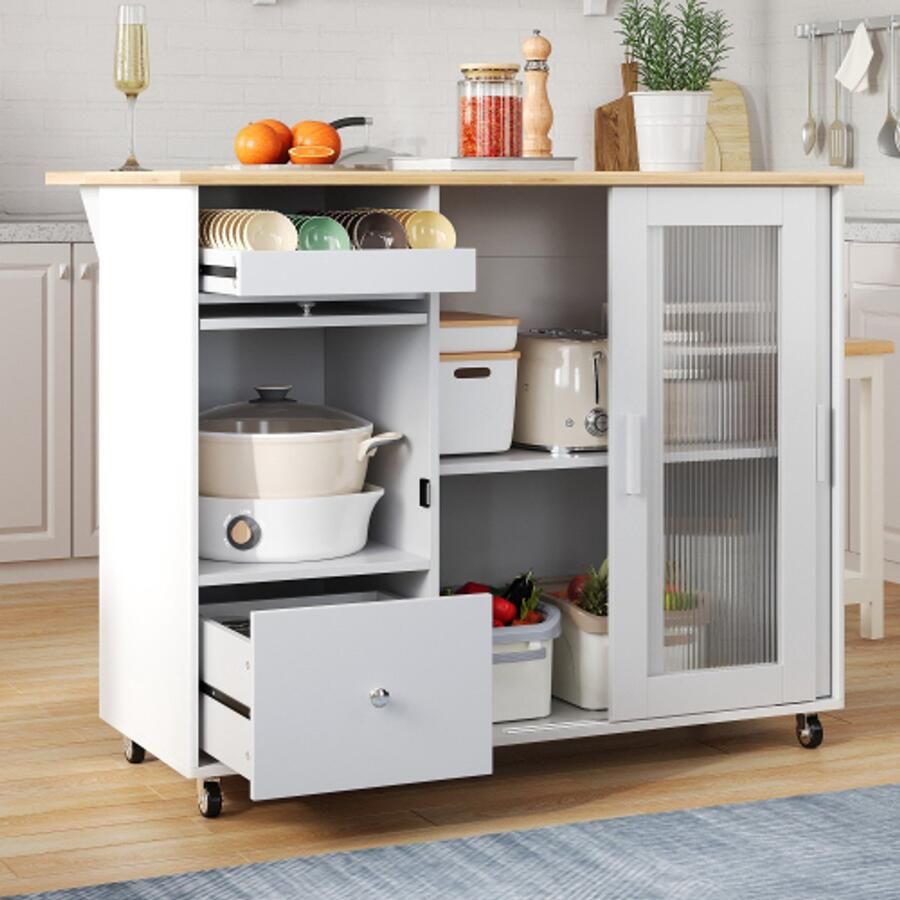 112×46(69)×91cm opvouwbare keukeneilandwagen eikenfineer wijnrek laden grote keukeneilandwagen met schuifdeuren van gehard glas en verstelbare planken mobiele eilandwagen