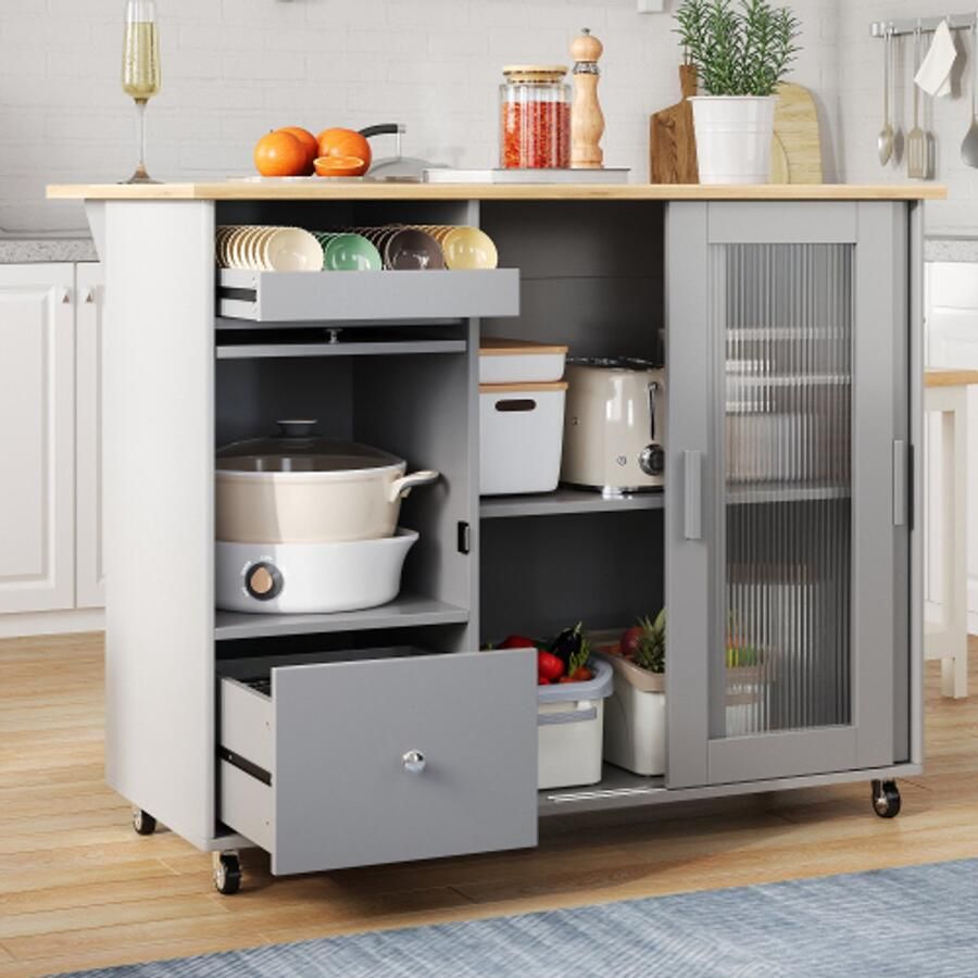 112×46(69)×91cm opvouwbare keukeneilandwagen eikenfineer wijnrek laden grote keukeneilandwagen met schuifdeuren van gehard glas en verstelbare planken mobiele eilandwagen
