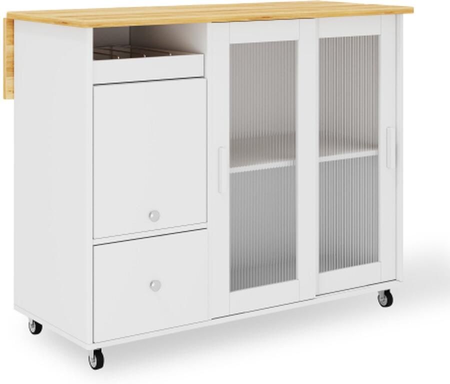 GOTAGEE 112×46(69)×91cm opvouwbare keukeneilandwagen eikenfineer wijnrek laden grote keukeneilandwagen met schuifdeuren van gehard glas en verstelbare planken mobiele eilandwagen
