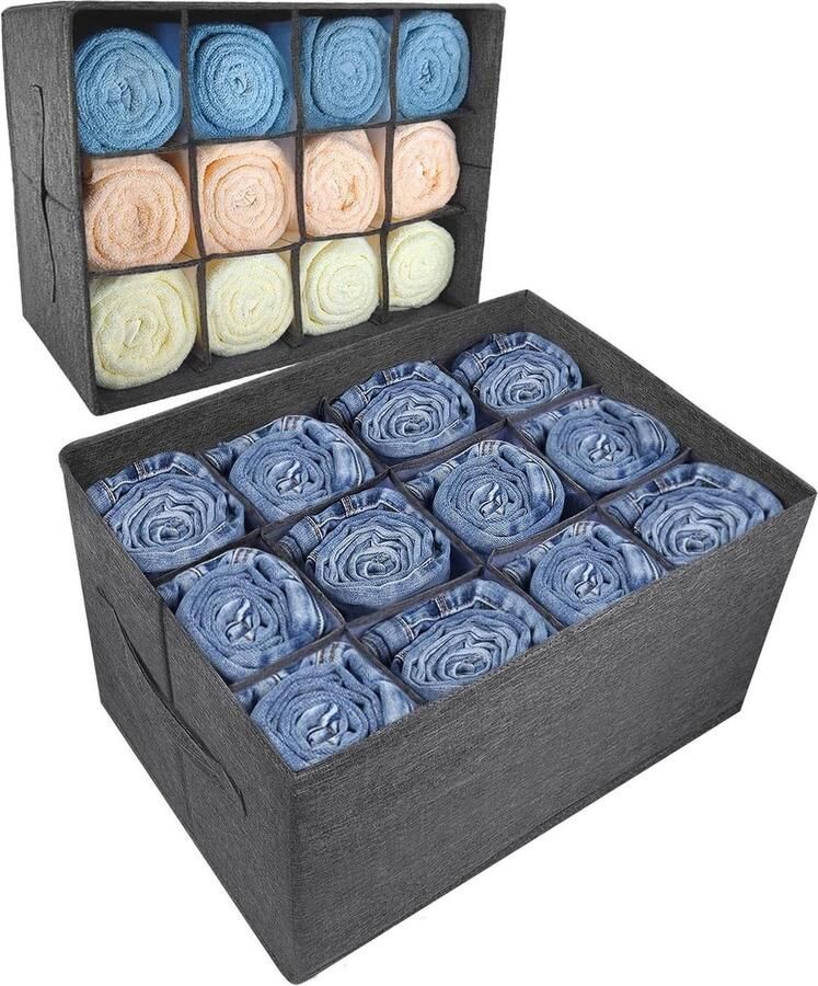 Wardrobe Organizer Clothes Storage Boxes 12 cell Foldable Shelf Drawer Dividers for Closet Organization Stackable Clothing Box for Jeans Pants T-Shirt Sweater Organization (2 Pack)