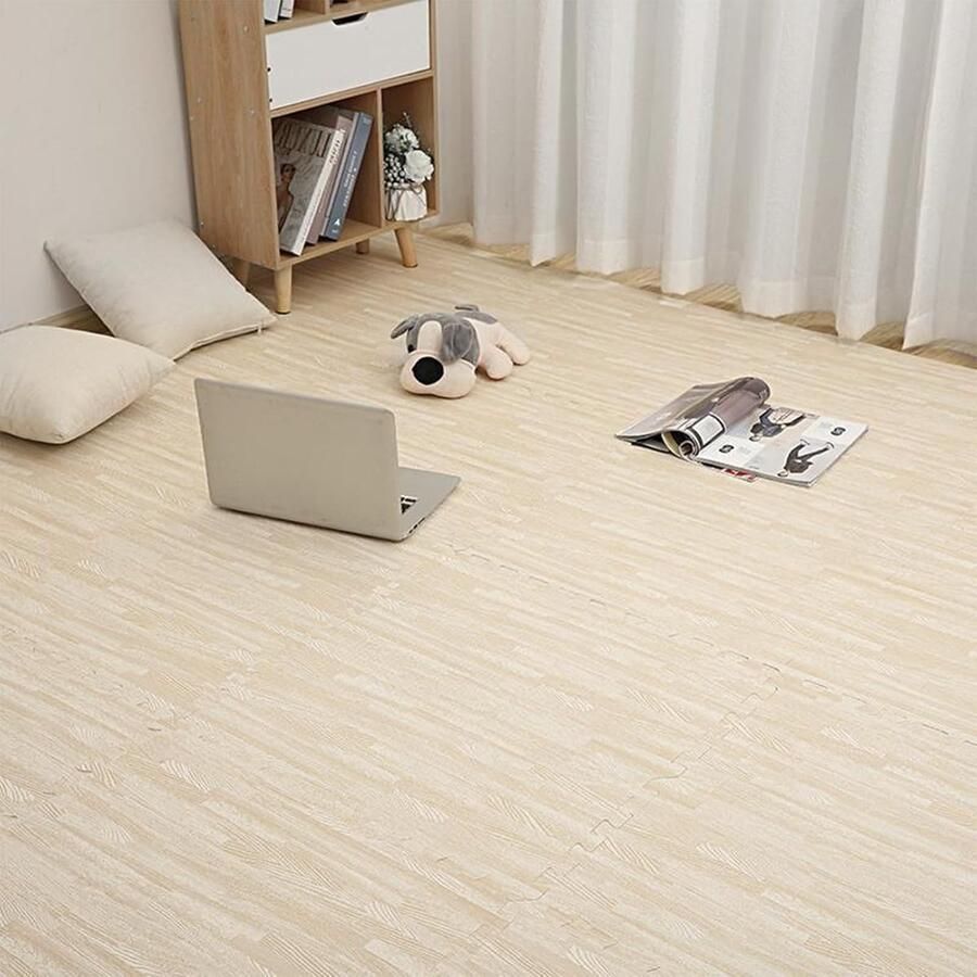 12-delige Decoratieve Schuimrubberen Vloertegels Houtnerfafwerking 30x30x1cm Schuimrubberen Puzzelmatten Fitnessmatten Voor Thuis Kruipmatten Voor Kinderen Wit