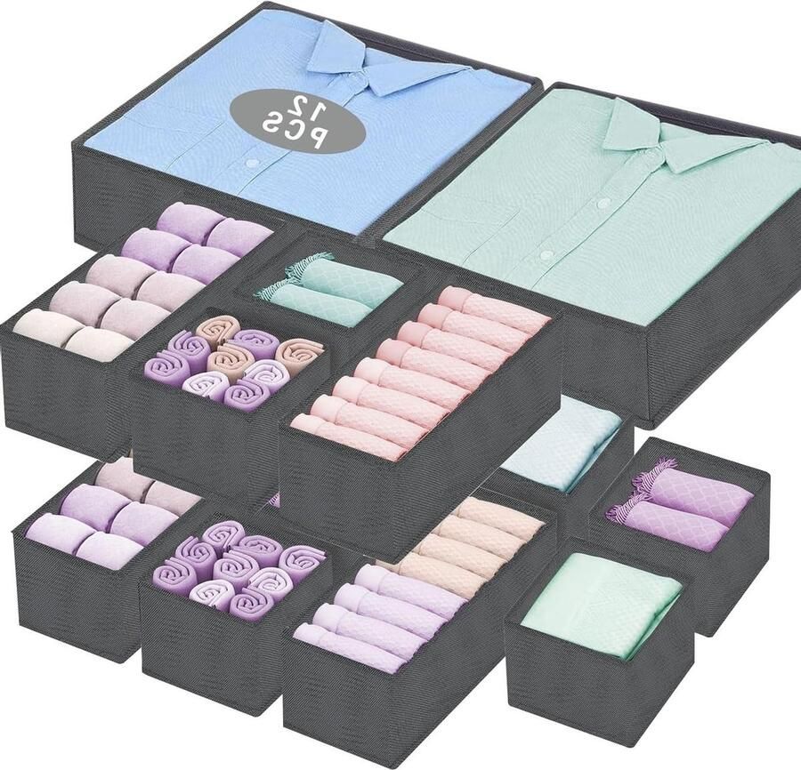 12-delige grijze opvouwbare stoffen opbergdozen ladeverdelers voor sokken stropdassen beha's en riemen