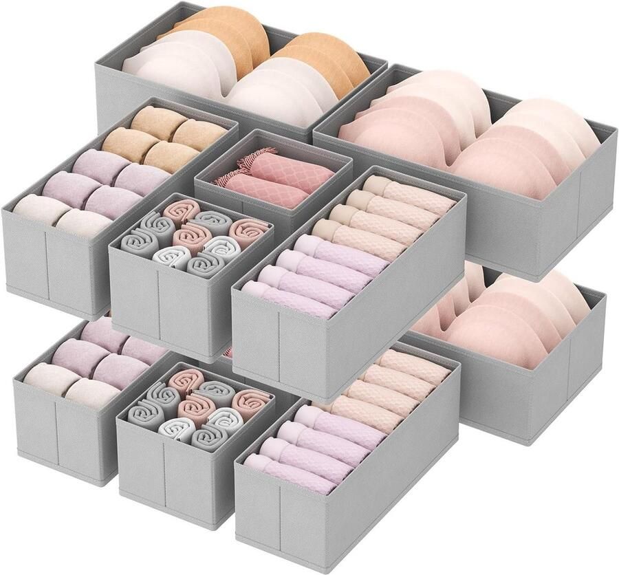 12-delige Opvouwbare Ladeorganizer Kleding Opbergdoos Stoffen Lade Scheider Ondergoed Opbergkast Mand voor Sokken Stropdassen Riemen Grijs