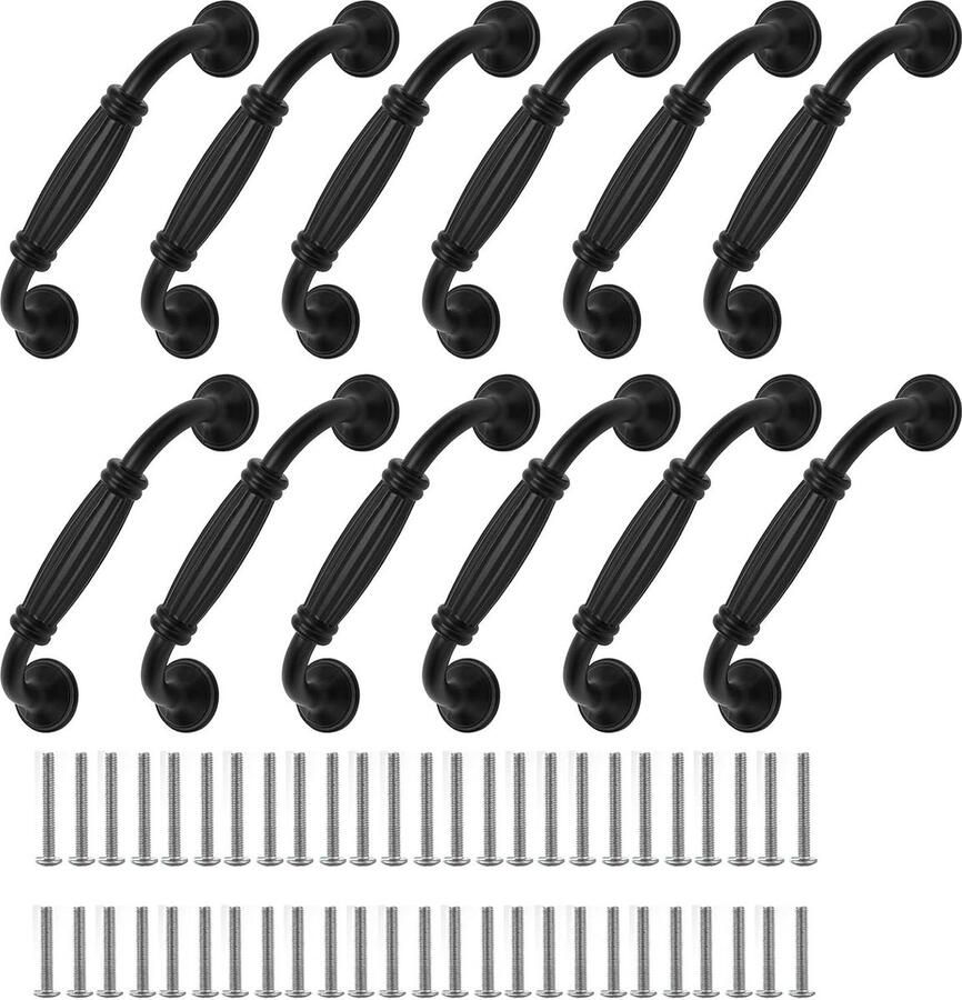 12-delige zwarte kast deurkruk Europese aluminium kastdeur trekt hardware matzwarte ladekreepjes lange boogvorm trekgrepen voor keuken slaapkamer meubels (12 gat midden 96mm 3 8)