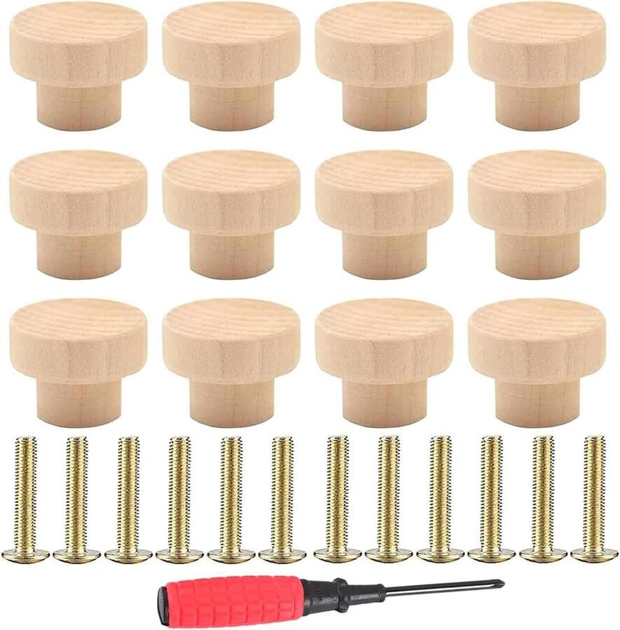 12 Houten Meubelknopjes met Schroevendraaier Keukenkast Knoppen Set met Schroeven voor Lades en Deuren