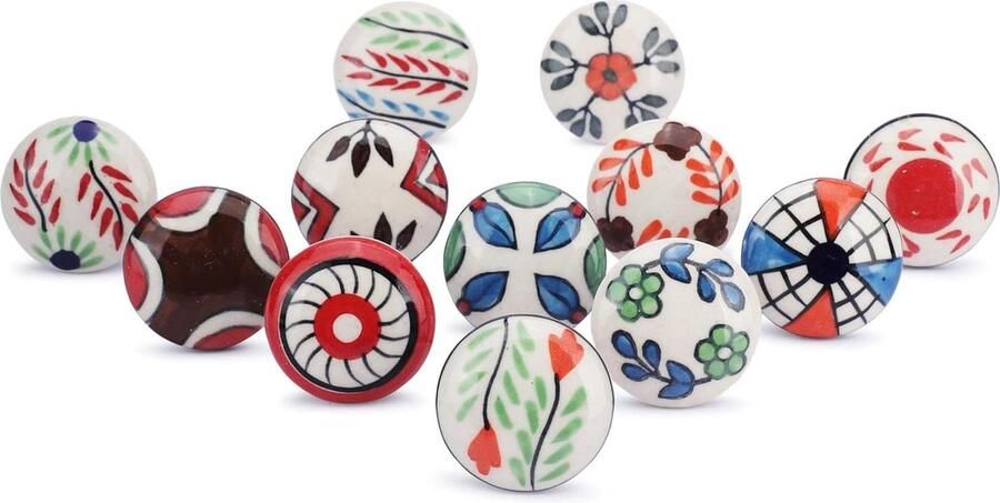Keramische knoppen meerkleurig bedrukt Set van 12 voor kastdeuren en laden Meubelgrepen voor keukenkasten Decoratieve antieke knoppen