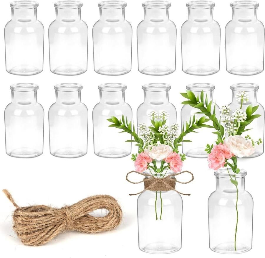 12 kleine glazen vazen 125 ml met 5 m jute koord Set van mini-vazen 103 cm hoogBloemenvazen decoratie voor tafel thuis bruiloften verjaardagen feesten