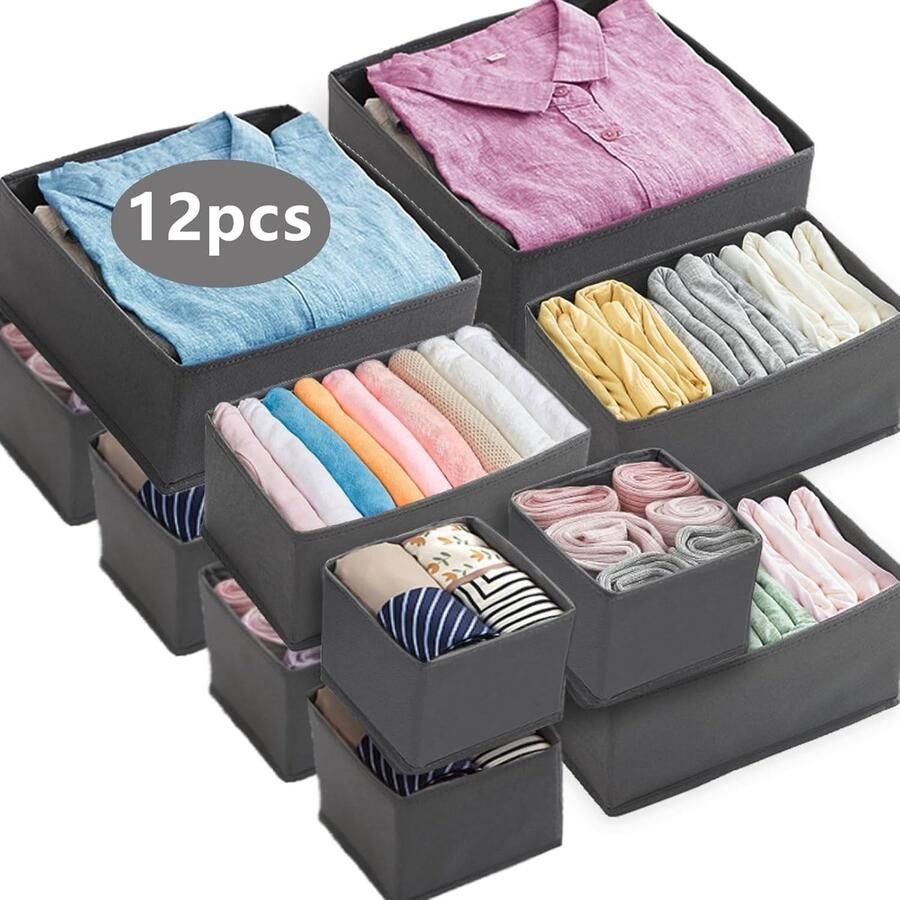 12 Lades Organisatiesysteem Kledingkast Organiser Opvouwbare Opbergdoos Kast Ondergoed Organiser Stoffen Opbergdozen voor Kleding Bh's Sokken Stropdassen (Grijs)