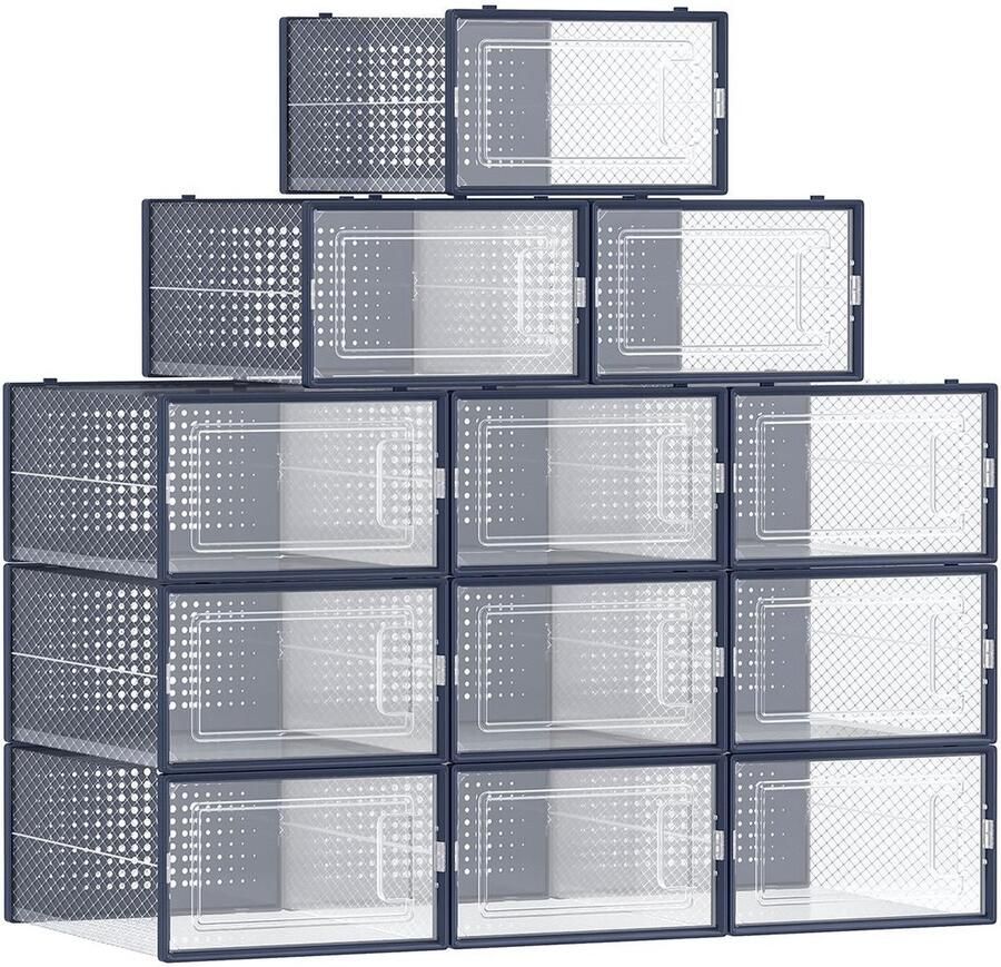 Rootz Living Rootz 12-pack schoenendoosorganizer opbergcontainer stapelbare dozen PP-materiaal ABS-frame transparant antracietblauw 33 5 cm x 23 2 cm x 14 3 cm