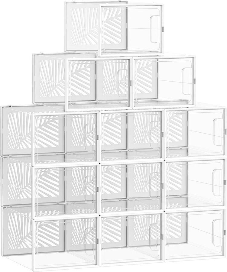 Rootz Living Rootz 12-pack schoenendoosorganizer transparant wit opvouwbaar en stapelbaar PET-lichaam HIPS-frame 35 cm x 25 5 cm x 19 cm