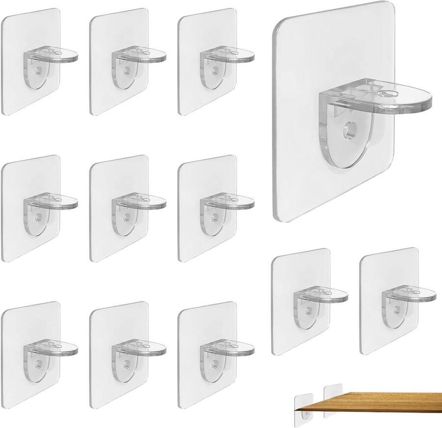 12-Pack Self-Adhesive Shelf Holders Transparent Shelf Supports Without Drilling for Glass Cabinets Shelves Wardrobe