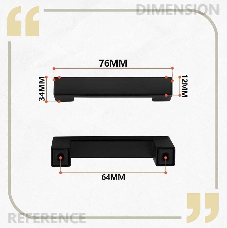 12 Pcs 76MM (64MM Hole Center) Mat Zwart Kast Pull Handgrepen Modieuze Roestvrij staal Vierkante Handgrepen Keukens Lades cabinet handle black - Foto 2