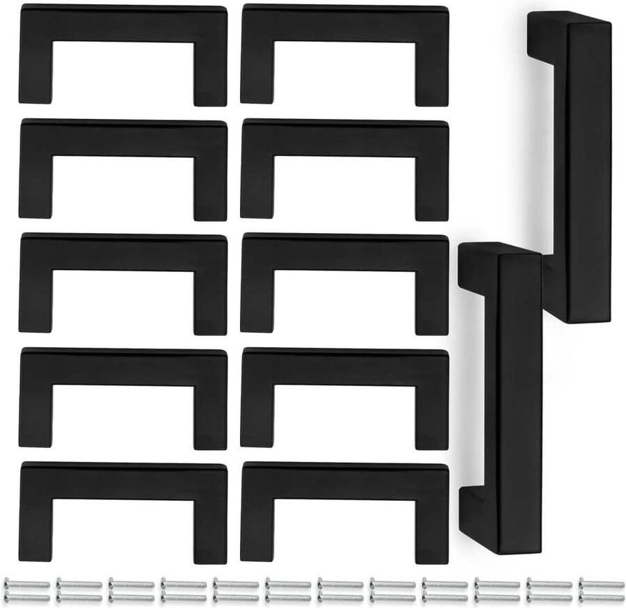 12 Pcs 76MM (64MM Hole Center) Mat Zwart Kast Pull Handgrepen-Roestvrij staal-Vierkante Handgrepen-48 Schroeven-Keukens-Lades-Kabinet-Meubilair cabinet handle black