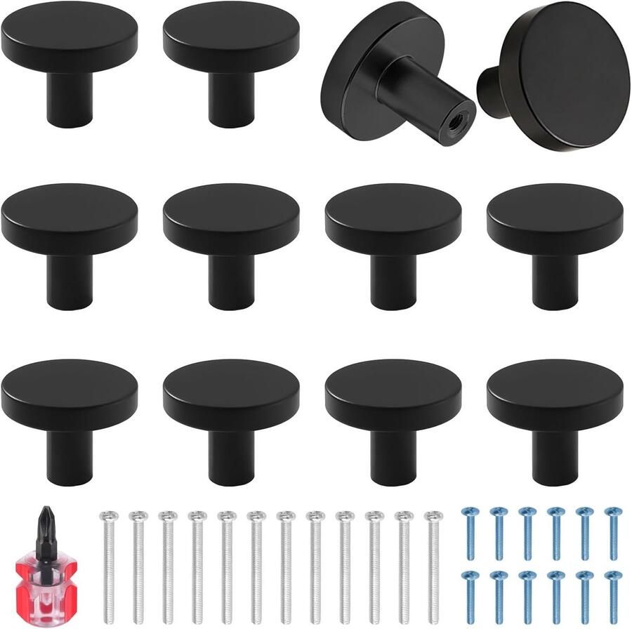 12 Pcs Furniture Knobs Matte Black Metal Drawer Knobs Modern Round Cabinet Knobs voor Closet en Wardrobe met Long Short Screws