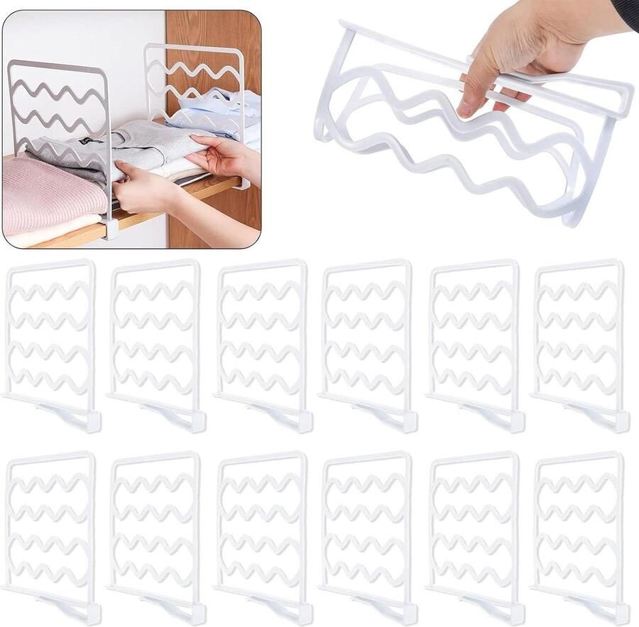 12 Pcs Shelf Dividers Wardrobe Closet Dividers Plastic Cabinet Dividers Rack Wave Organizer Removable Divider for Wardrobes Closets (White)