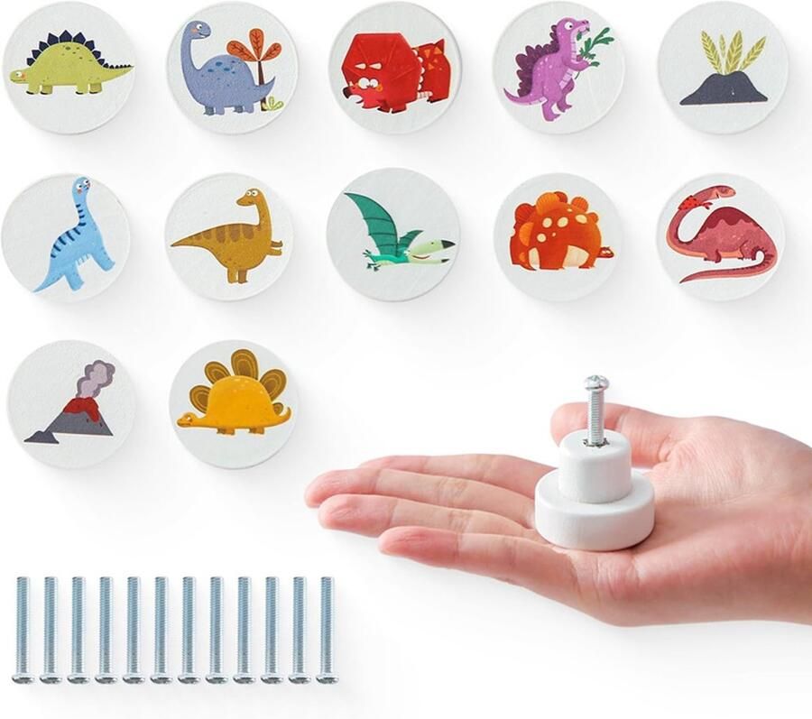 12 Pcs Wooden Furniture Knobs Children's Room Cabinet Knobs Round Dinosaur Pattern Furniture Knobs Wooden Drawer Handles Easy to Clean