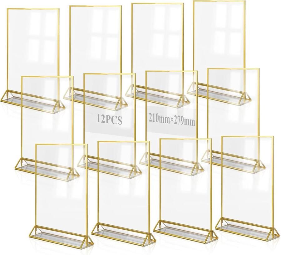 12 Pieces Acrylic Table Stand A4 Double-Sided Picture Frame Plexiglass Menu Card Holder Gold T Stand Desk Stand Photo Frame voor Foto's Trouwnummers Café Restaurant
