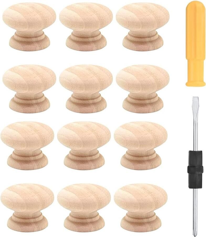 12 ronde houten meubelknoppen voor lades en kasten Hoogwaardige handgrepen set met schroeven en schroevendraaier
