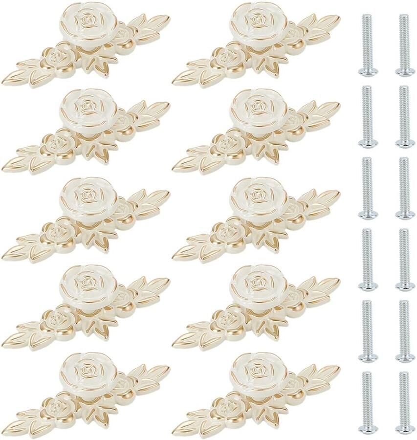12 Sets Vintage Ladegrepen met RosenFlowern Motief Ladeknoppen Vintage Kastgrepen Decoratieve Ladeknoppen Voor Commodes Kledingkast 10 x 4 cm Wit