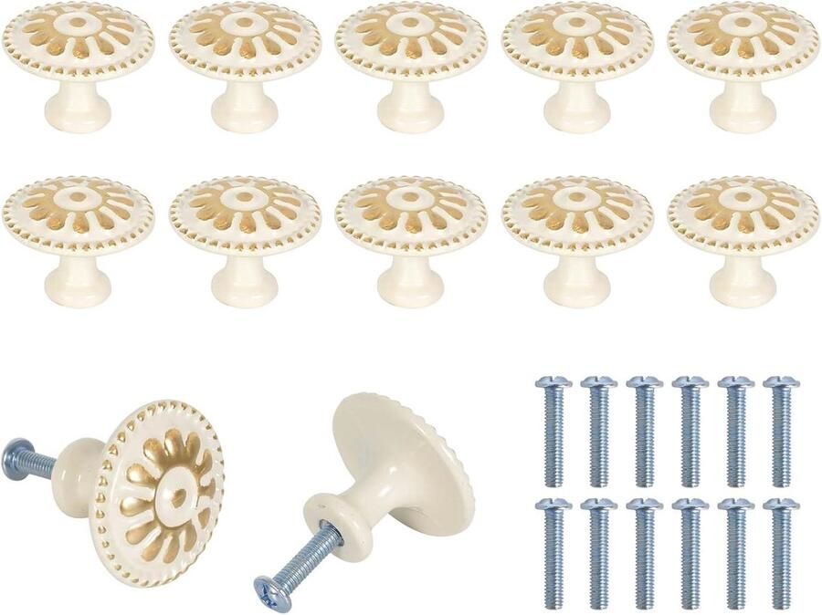 12 sets vintage ronde witte kast knoppen meubelknop universele ivoor wit grote metalen bloem handvat retro deur pull handgrepen 30mm vintage shabby chic ronde lade knoppen met schroeven kastdecoratie retro handgrepen