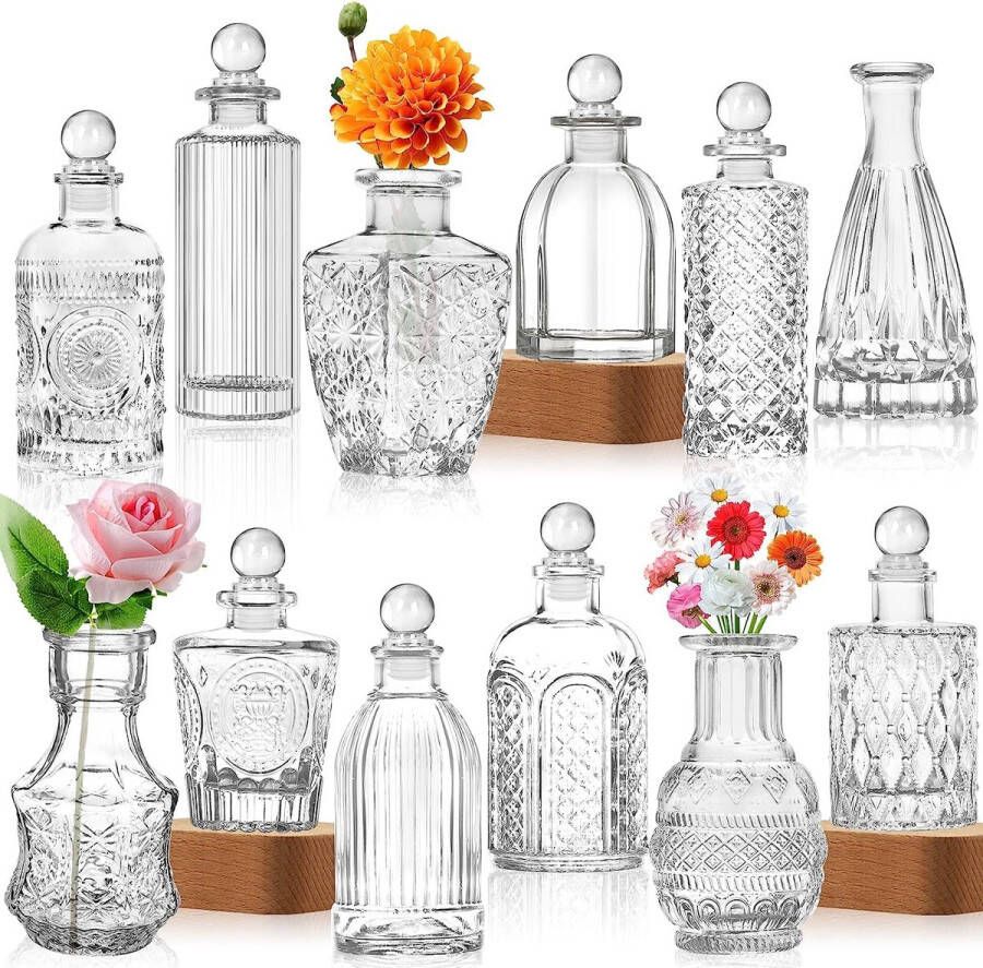 12 stks Kleine Glazen Vaas Vintage Decoratieve Vazen Set Verschillende Grootte Bloemenvaas voor Tafel Centerpieces Bruiloft Decoraties met 8 Glazen Stoppers