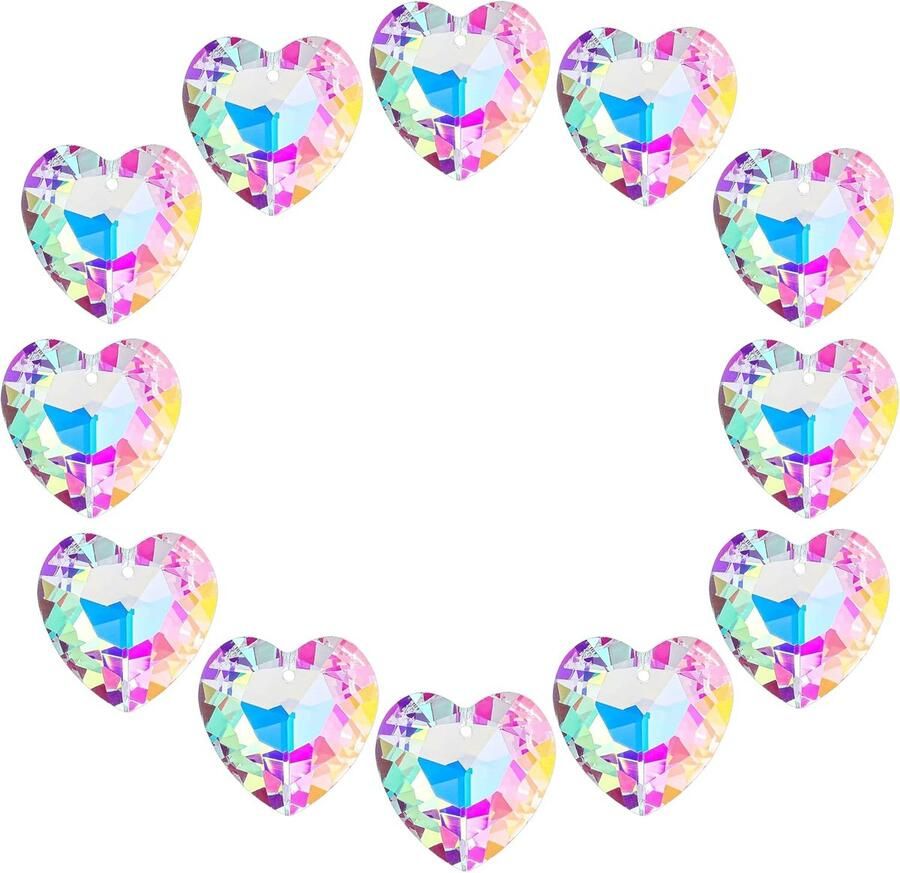 12 stks Kleurrijke Crystal Heart Prism Suncatcher Hart Prisma Kroonluchter Drop Onderdelen Venster Zon Catcher Kristallen Opknoping Hanger 27mm Regenboog Maker Bruiloft Decor