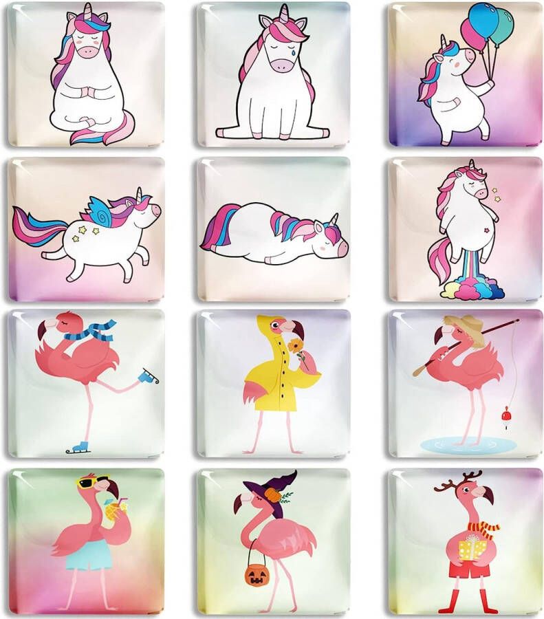 12 Stks Leuke Vierkante Glas Sterke Magnetische Koelkast Magneet Decoratieve Koelkast Sticker Magische Eenhoorn en Flamingo Doodle Trendy Roze Kleurrijke Illustratie voor Kinderen Meisjes voor Locker