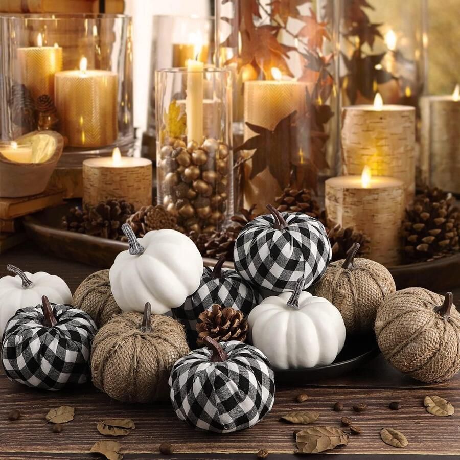 12 stks Pompoen Herfst Decoratie Decoratieve Grote Kleine Outdoor Plaid Stof Jute Foam Plastic Nep Faux Kunstmatige Pompoenen voor Halloween Herfst Oogst Festival Thuis Tafel Decor