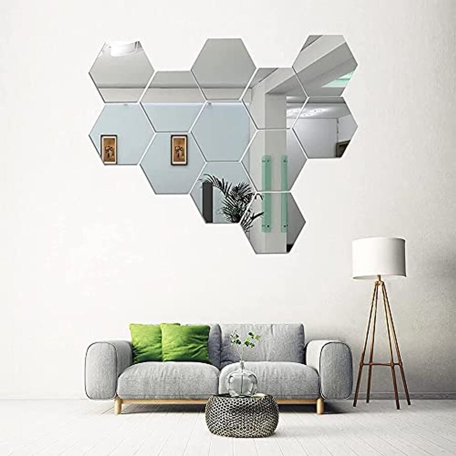 12 Stks Spiegel Muurstickers Zeshoek Spiegel Art DIY Home Decoratieve Zeshoekige Acryl Spiegel Wandplaat Plastic Spiegel Tegels voor Thuis Woonkamer Slaapkamer Bank TV Achtergrond Muurtattoo Decoratie Deco