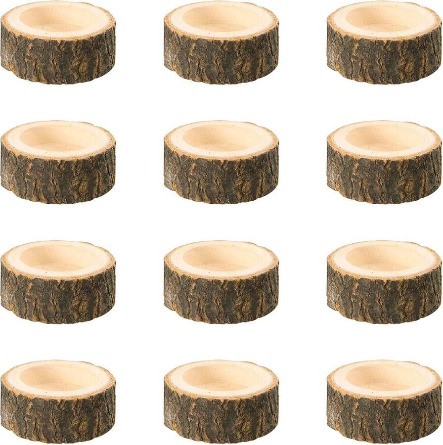 12 Stukken Houten Kaarsenhouder Natuurlijke Theelichthouder Decoratie voor Kerstmis Feest Bruiloft Tafel Valentijnsdag (5.5 x 2.5 cm)