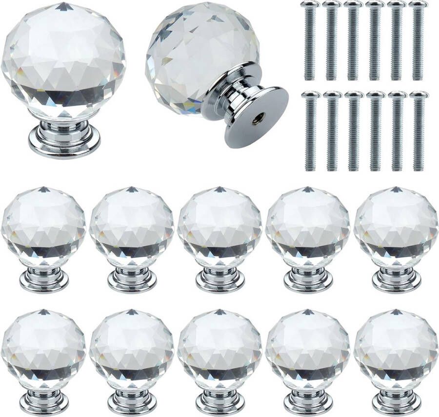 12 stuks 30 mm kristallen bol glas diamanten deurknoppen met schroeven premium lichtgewicht luxe knoppen voor kledingkast kast laden knoppen met één gat (transparant)