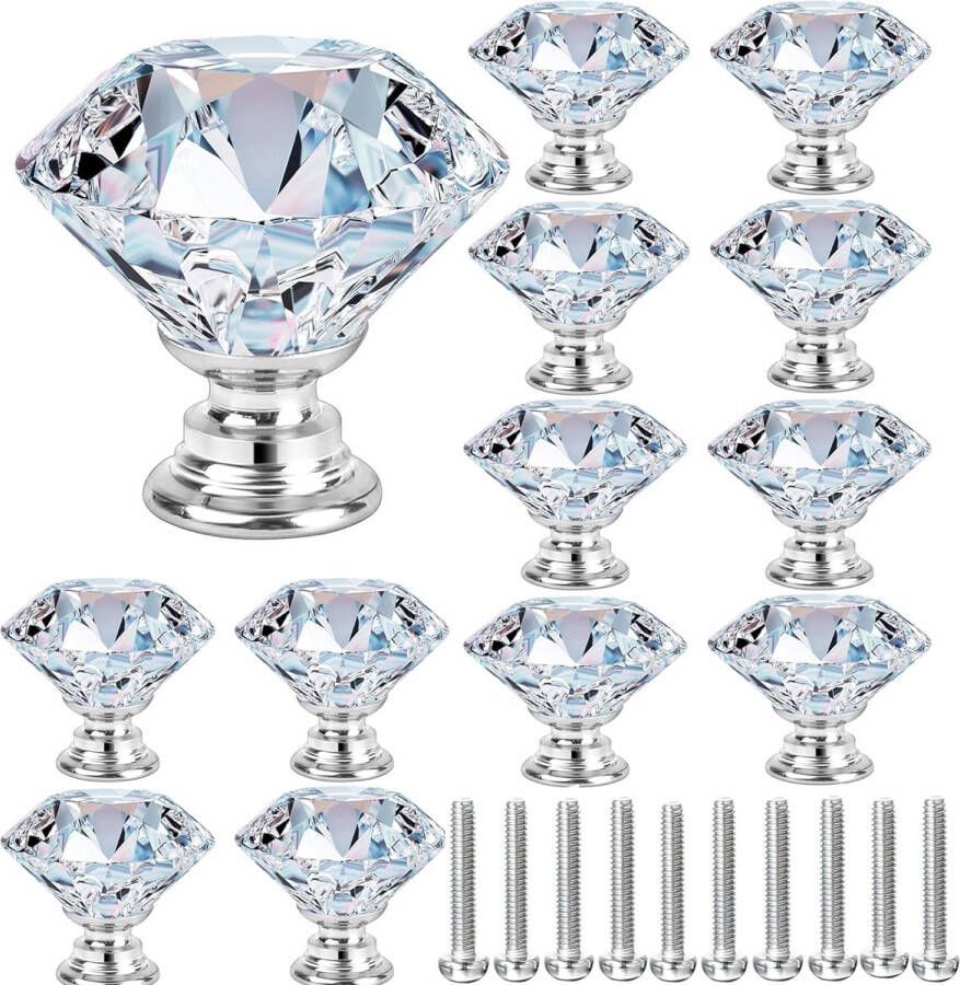 12 stuks 30 mm kristallen deurgrepen kastknoppen ladenknoppen meubelknoppen kastgrepen ladekast diamant glazen handgrepen voor thuis kantoor DIY (transparant 30 mm 12 stuks)