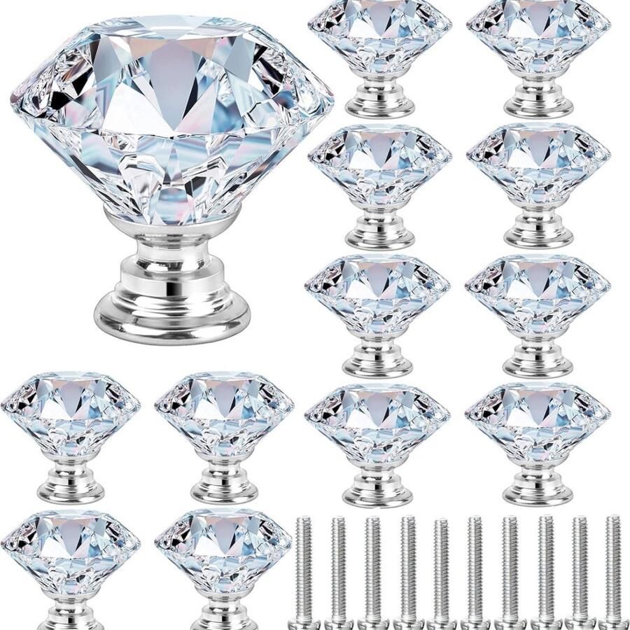 12 stuks 30 mm kristallen deurgrepen kastknoppen ladenknoppen meubelknoppen kastgrepen ladekast diamant glazen handgrepen voor thuis kantoor DIY (transparant 30 mm 12 stuks)