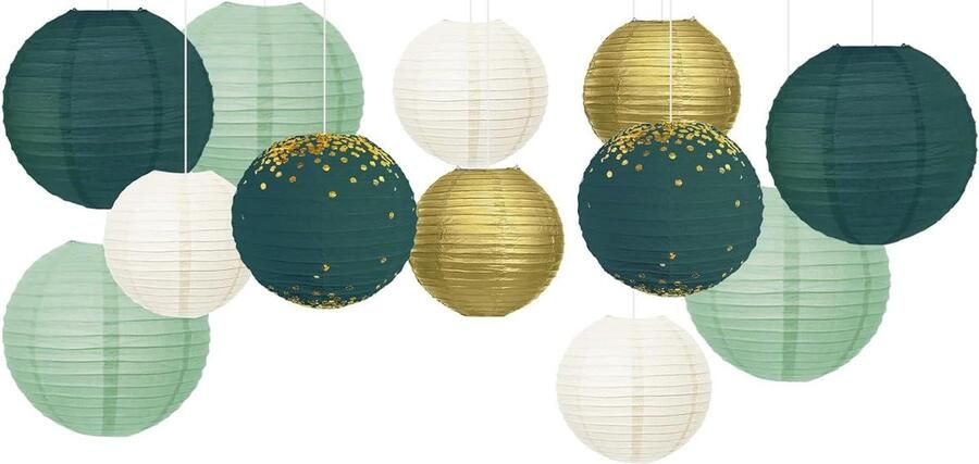 12 stuks groen goud hangende papieren lantaarns voor rustieke lente decor bruidsfeestje babyborrel verjaardag eucalyptus neutraal feestdecoratie