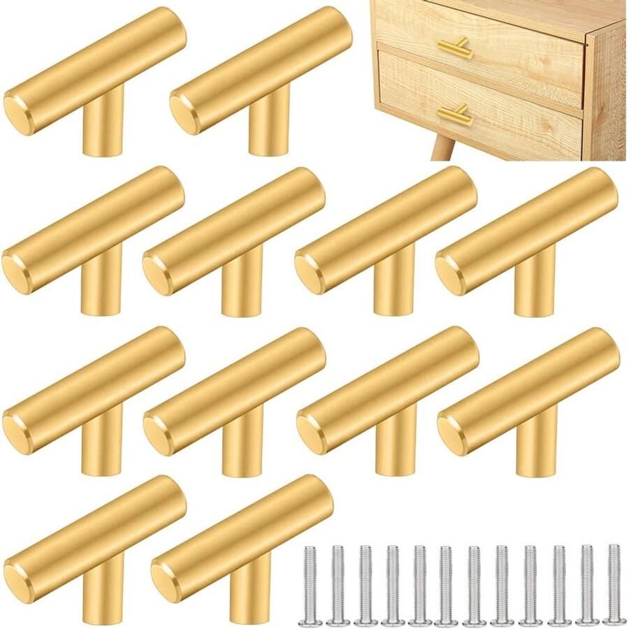 12 Stuks Handgrepen Kast Meubelgrepen T-vormige handgreep Schuifdeurgreep Handgreep RVS Ladegreep Schuifdeur komgreep Goud