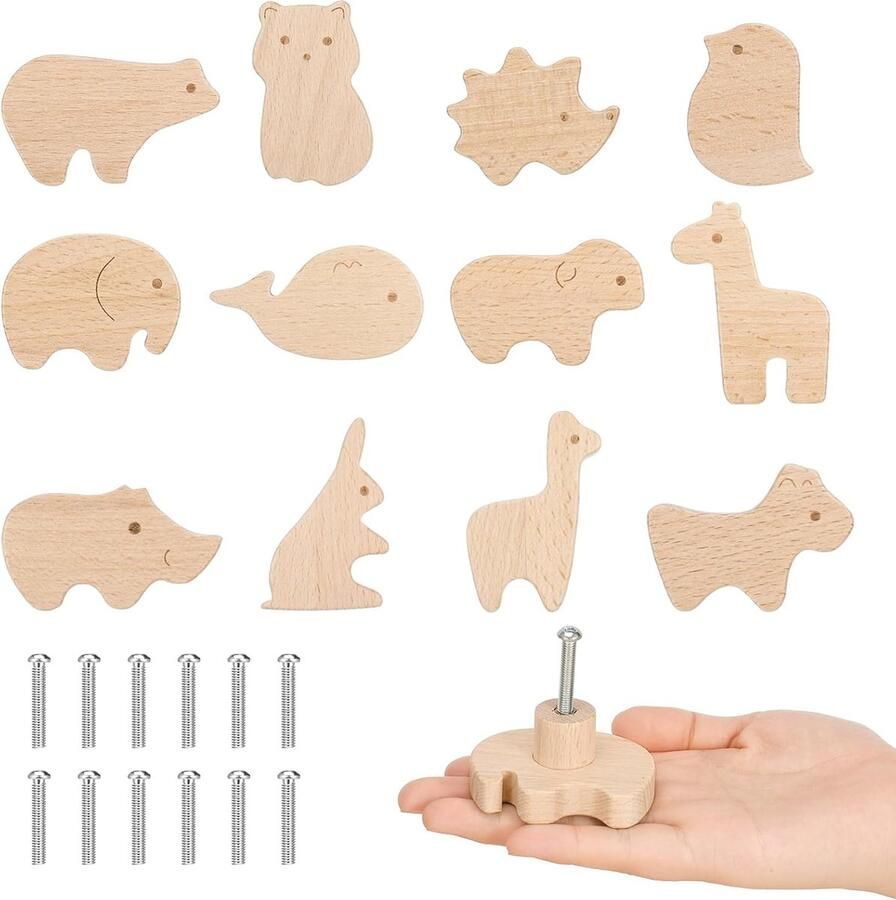 12 stuks houten kastknoppen voor kinderkamer meubelknoppen diervormen houten knoppen commode met schroeven dier houten ladegreep meubelknop en kastdeurknoppen