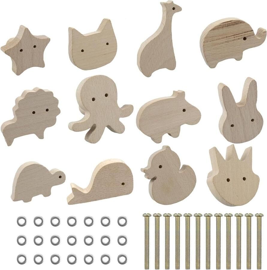 12 stuks houten kastknoppen voor kinderkamer meubelknoppen voor kasten met schroeven schattige ladeknoppen in diervormen kastknoppen kinderkamer