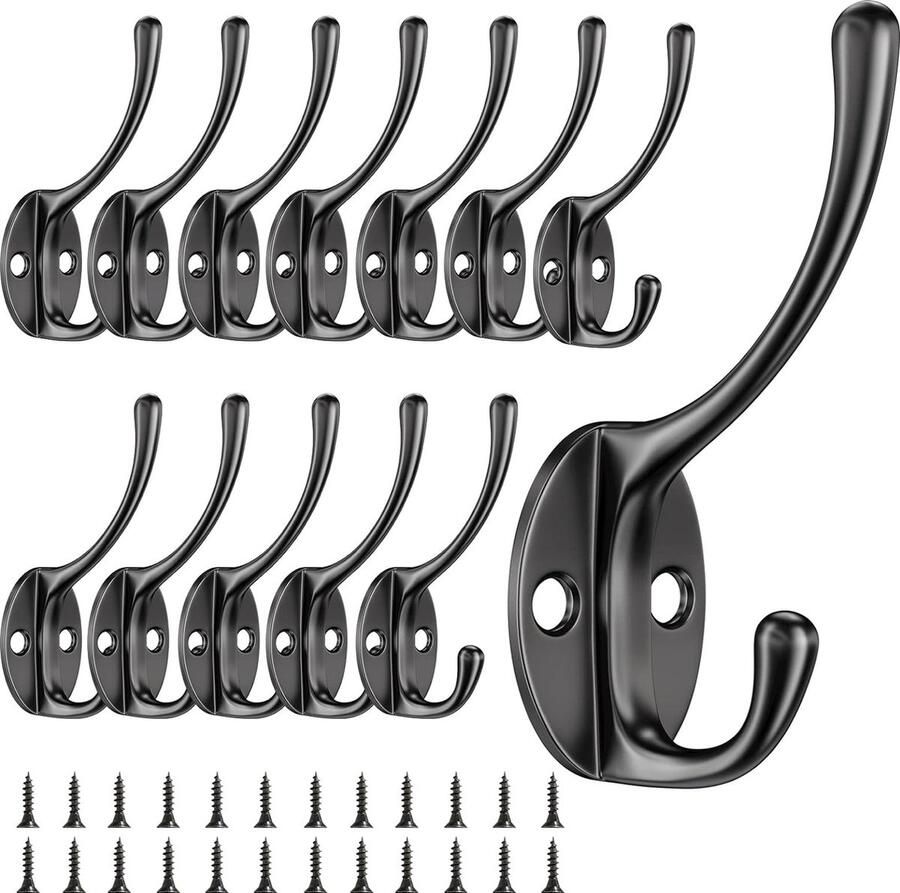 12 Stuks Kapstokhaken Vintage Kapstokhaken Haken Zwanenhals Haken Metalen Muurhaken Met 24 Schroeven Voor Slaapkamer Kapstokhaken Badkamer Keuken (Zwart)