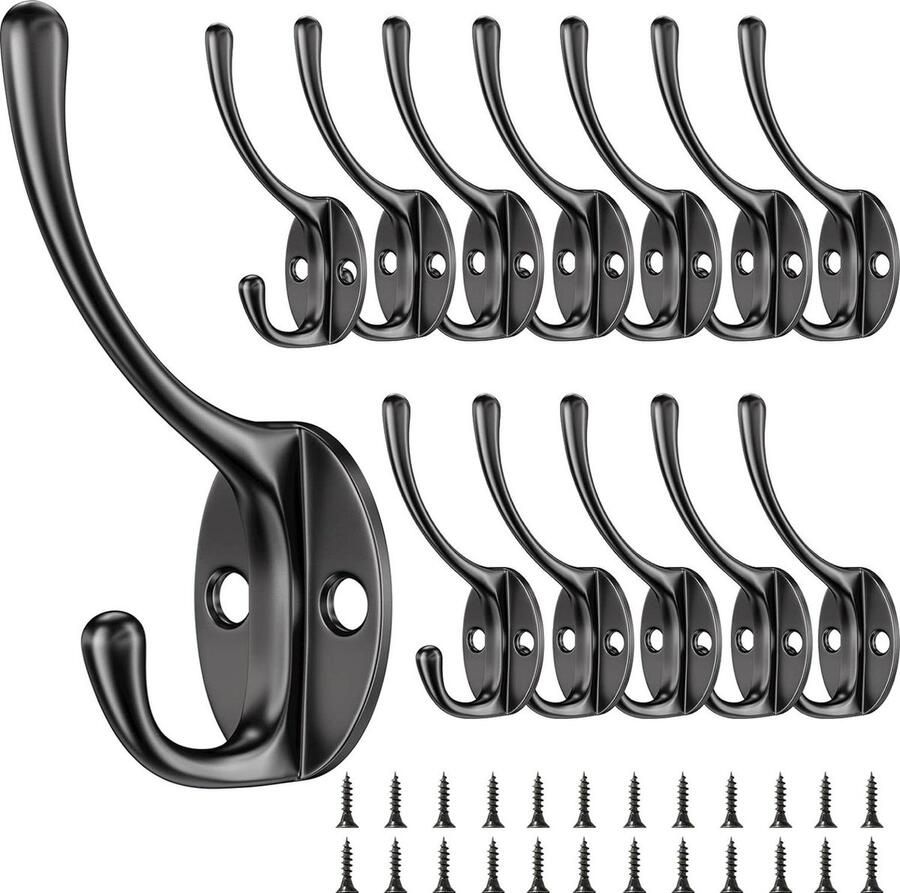 12 Stuks Kapstokhaken Vintage Zwanenhals Haken Metalen Muurhaken Voor Slaapkamer Badkamer Keuken Inclusief 24 Schroeven (Zwart) Kapstok