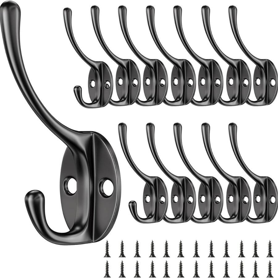 12 Stuks Kapstokhaken Vintage Zwanenhals Haken Metalen Muurhaken Voor Slaapkamer Badkamer Keuken 24 Schroeven (Zwart)