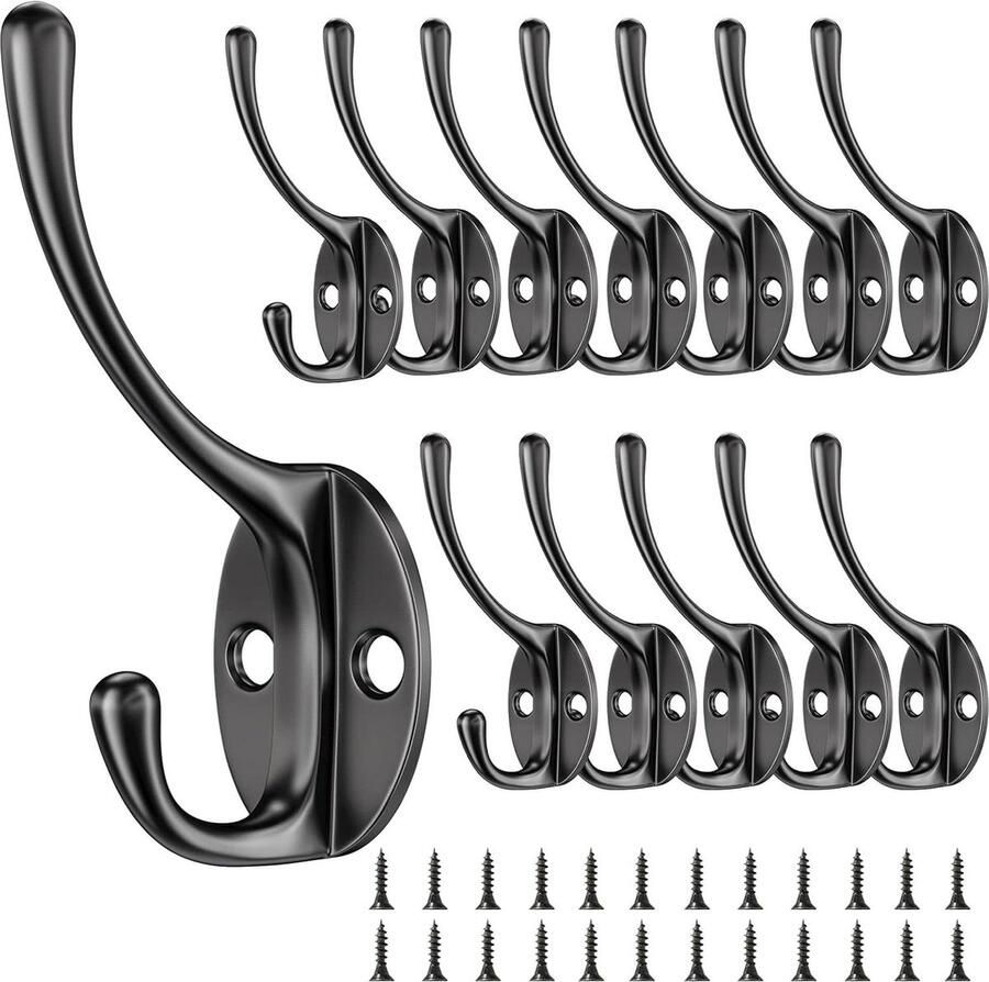 12 Stuks Kapstokhaken Vintage Zwanenhals Metalen Muurhaken Set 24 Schroeven Slaapkamer Badkamer Keuken (Zwart)