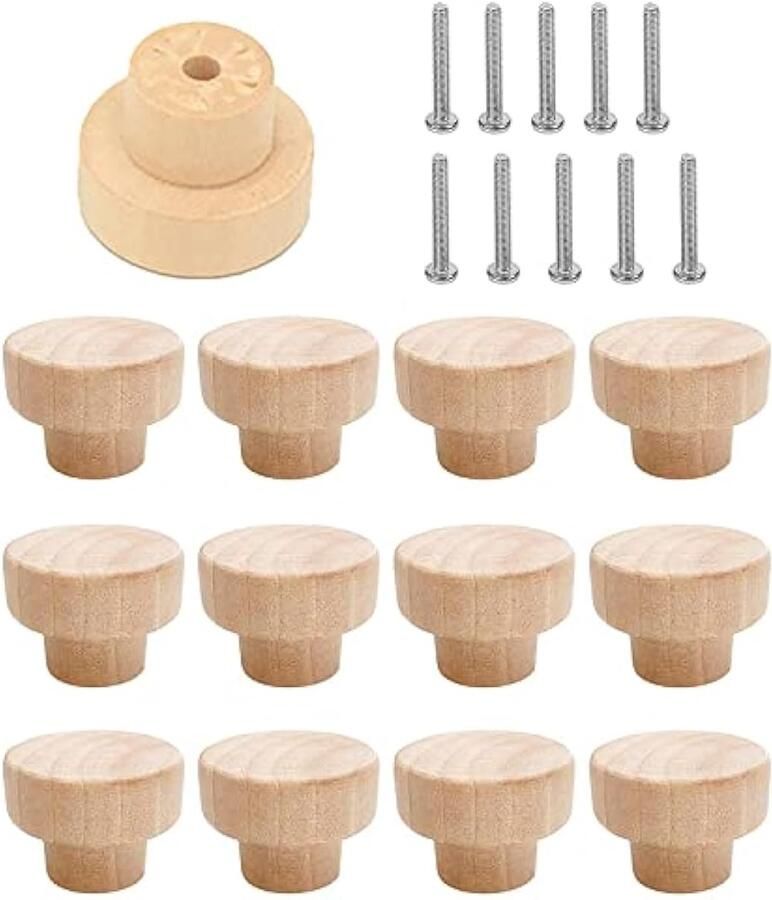 12 stuks Kastdeurknoppen ronde meubelknoppen van hout met schroeven voor kasten laden commodes 35 x 26 mm