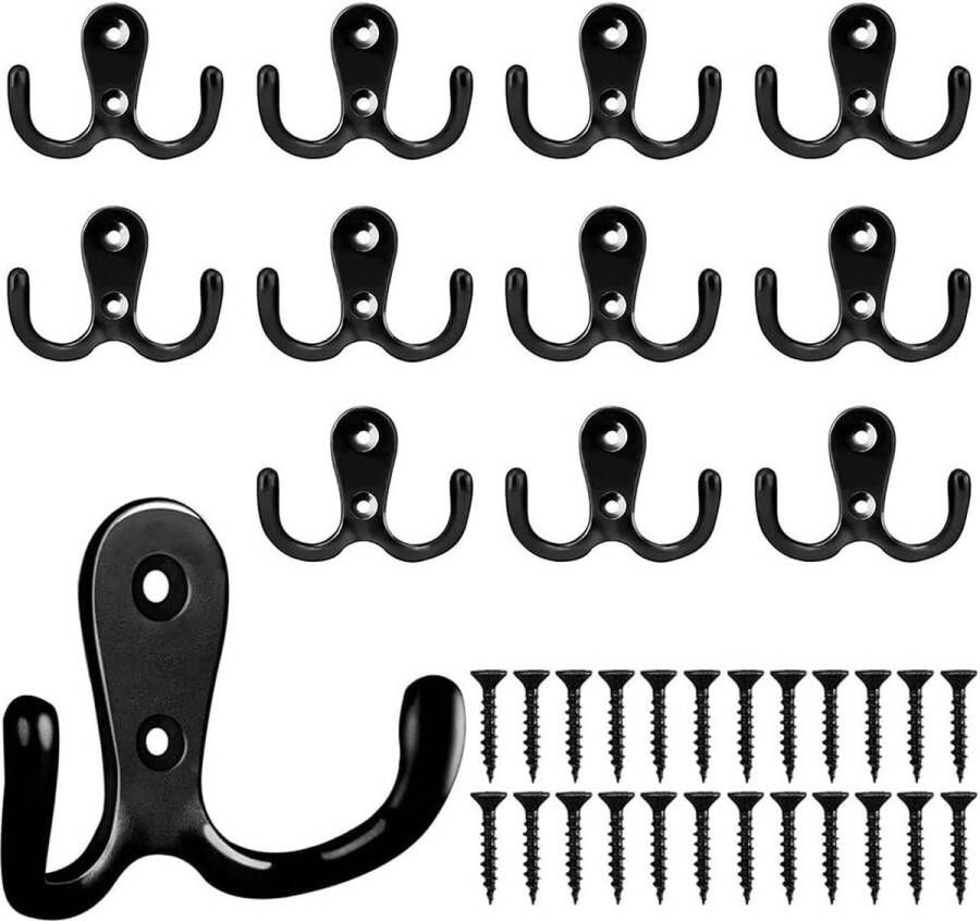 12 stuks kledinghaken haken garderobe dubbele wandhaken retro haken muur metaal kledinghaken vintage met 24 schroeven voor garderobehaken badkamer keuken (zwart)