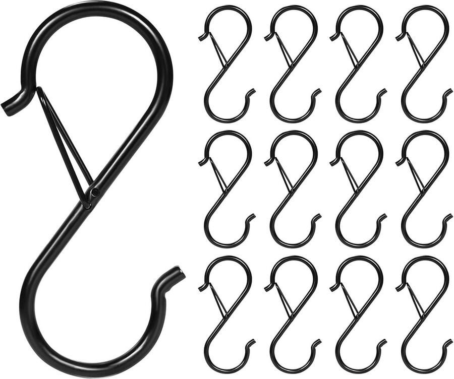 12 Stuks Kleine S-Haken Metalen Haken S Heavy Duty met Veiligheidsgesp voor Kantoor Keuken Badkamer Tuin Kledingkast (Zwart)