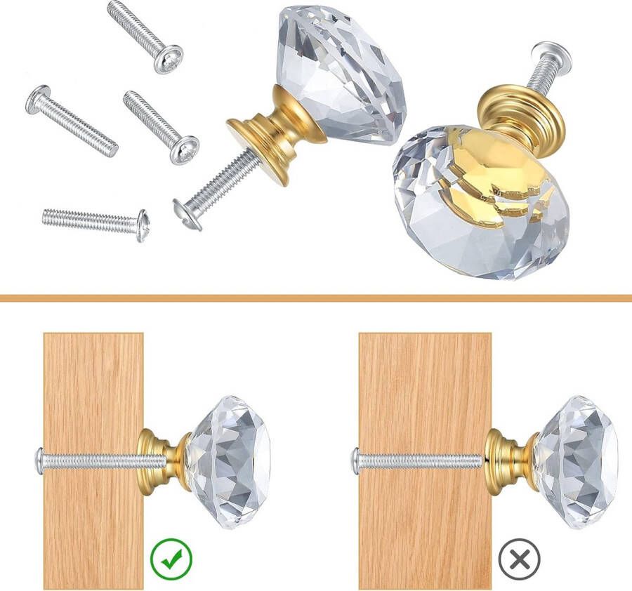 12 stuks kristallen knoppen diamantgeslepen ladegrepen kristalglazen deurladeknoppen doorzichtige kastknoppen met schroeven voor kasten kledingkasten laden (gouden basis)