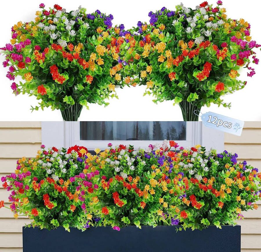 12 stuks kunstbloemen net als echt kunstplanten buiten nepbloemen decoratieve plastic bloemen voor balkon tuin pot tafel buiten en binnen 6 kleuren