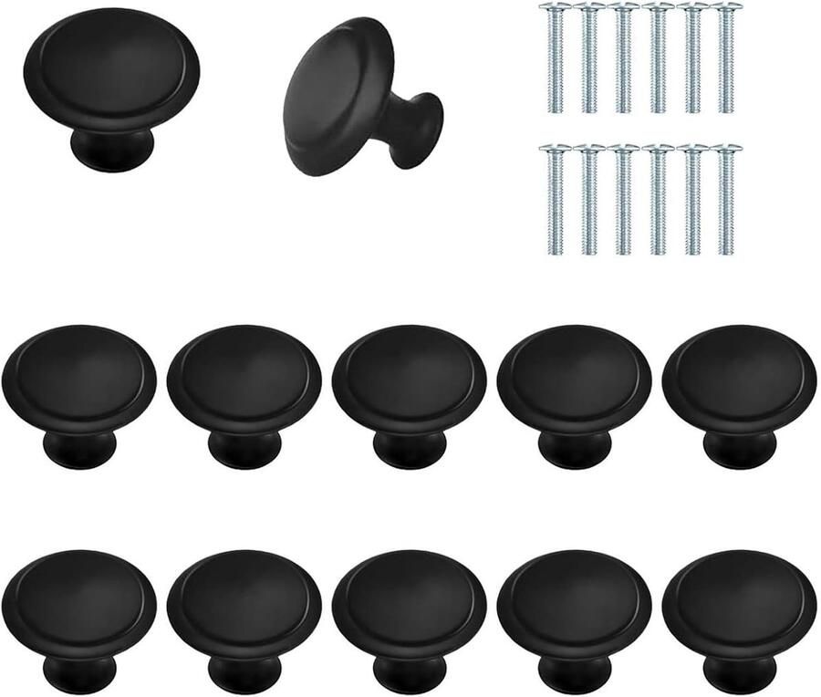 12 stuks meubelknoppen ladeknoppen met paddenstoel zwart ronde knoppen voor keukenkasten en vitrines kast en dressoir met 12 schroeven