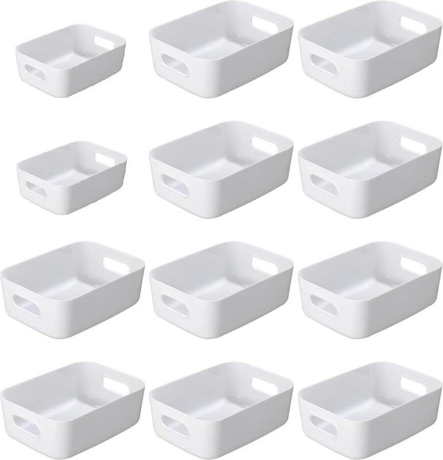 12 stuks opbergdozen met handgrepen kunststof opbergmand multifunctionele opbergdozen voor keuken kantoor kast badkamer speelgoed wit