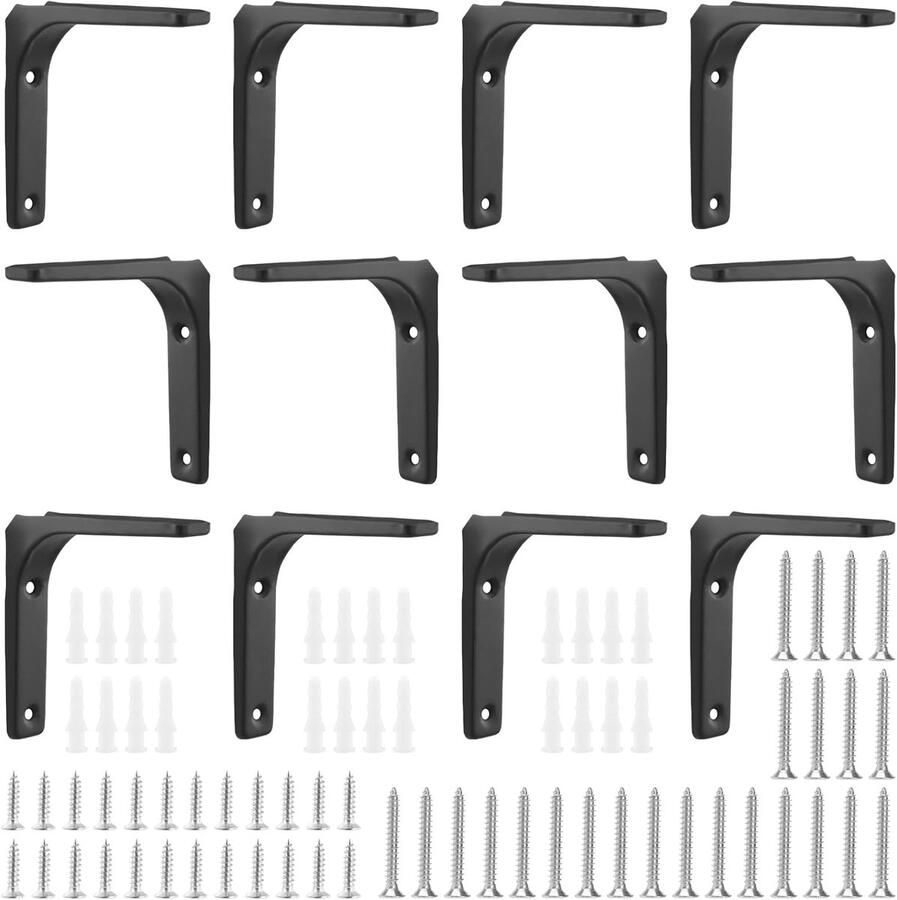 12 stuks plankhouders zwart 10 cm metaal 100 x 100 mm 90 graden zwarte plankhoek plankdrager hoek rek voor wandrek stevige wandplank ondersteuning